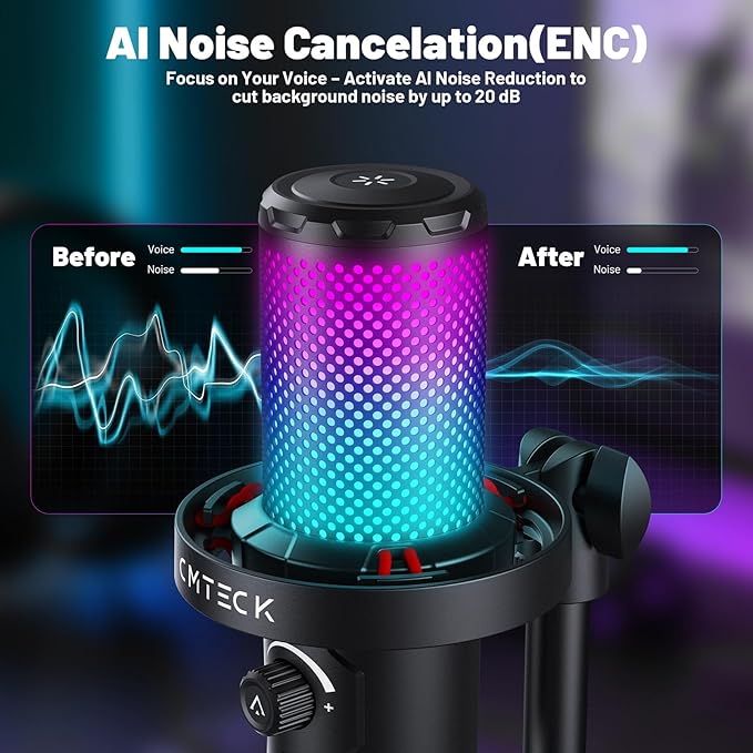 CMTECK USB Microphone for PC Gaming, Condenser Gaming Microphone with Quick Mute, RGB Indicator, Plug and Play, Desk Podcast Mic for Recording, YouTube, Streaming, Compatible with PS4/5/PC (Black)