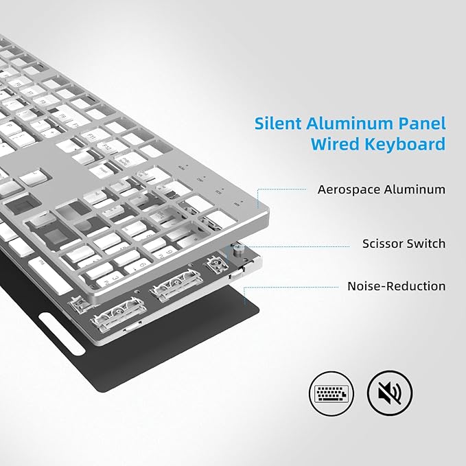 POWZAN Wired Backlit Keyboard for Windows/Mac,Aluminum Slim & Quiet Full Size Keyboards Light Up with USB A/USB C Dual Interface,Compatible with iMac,MacBook,iPad,Laptop,PC-Gray Black (Sliver White)