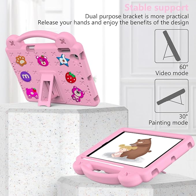 Dteck Kids Case for iPad 9.7 Inch 6th/5th Gen 2018/2017 & iPad Air 2/1 & iPad Pro 9.7,Strawberry Panda Shockproof Rugged Lightweight Pencil Holder Convertible Handles Stand Kids Friendly Case,Pink