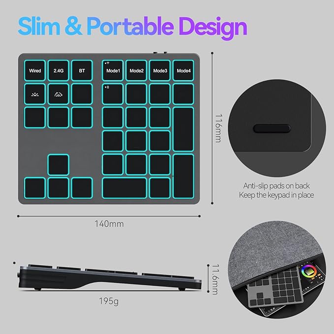 Doohoeek Tri-Mode Programmable Keyboard (BT/2.4G/Wired), Bluetooth Shortcuts Keyboard with 25 Custom Keys & Shortcuts Stickers & Backlit, Wireless Macro Keypad for Windows Graphic, Editing & Office