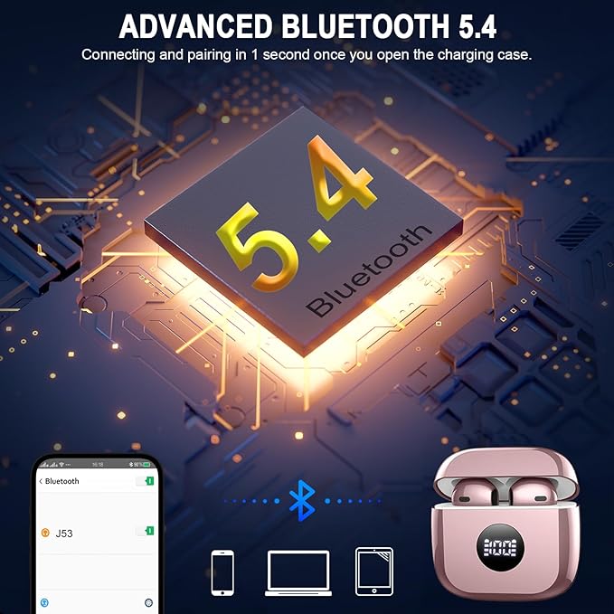Wireless Earbuds, 2025 Bluetooth Headphones 5.4 HiFi Stereo, in-Ear Ear buds with 4 ENC Noise Cancelling Mics, 40H Playtime Sport Ear Buds with Charging Case, IP7 Waterproof Earphones with LED Display