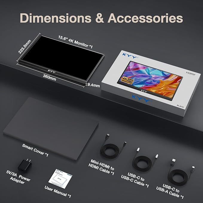 KYY 4K Portable Monitor – 15.6" UHD IPS Travel Display, Slim & Lightweight Design, HDMI & USB-C Inputs, Perfect for PS5, Xbox, Switch, Laptops, Phones, and On-the-Go Professionals, K5