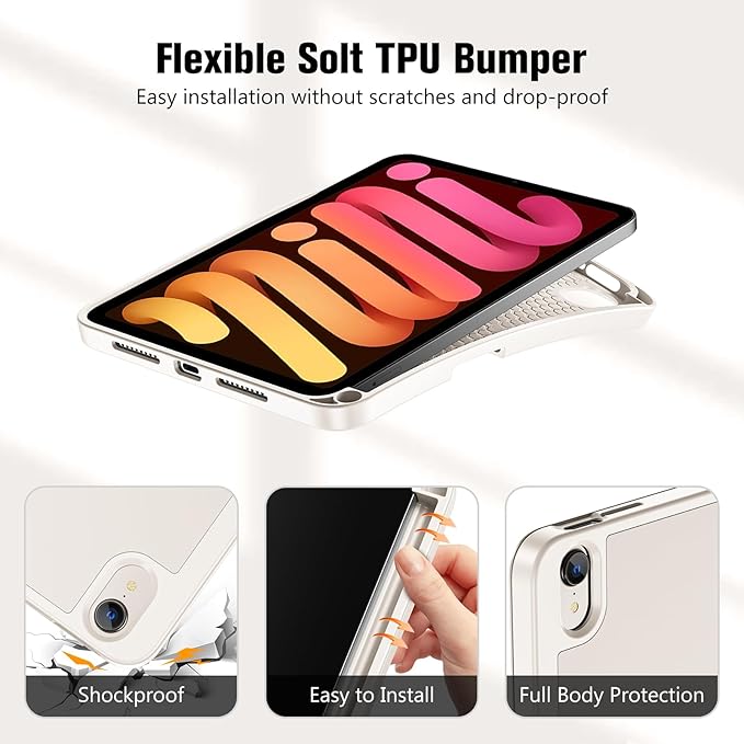 ProCase for iPad mini 7 A17 Pro 2024/iPad Mini 6 2021 8.3 Inch iPad mini 7th/6th Gen Case with Pencil Holder, Trifold Stand Smart Folio with Soft TPU Back Cover for iPad mini 8.3" 7th/6th -Starlight