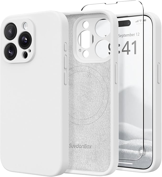 Magnetic for iPhone 15 Pro Max Case, Compatible with MagSafe, [Full Camera Protection][Screen Protector] Silicone Shockproof Protective Phone Case for iPhone 15 Pro Max 6.7", White