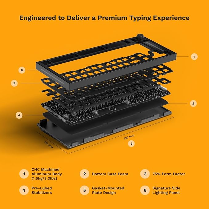GLORIOUS Gaming GMMK PRO 75% - Modular Mechanical Gaming Keyboard, TKL Size, 1.5kg Frame, Fox Switches, Fully Customizable, Coiled Cable, Wrist Rest, White PBT Keycaps, RGB, QWERTY - Black