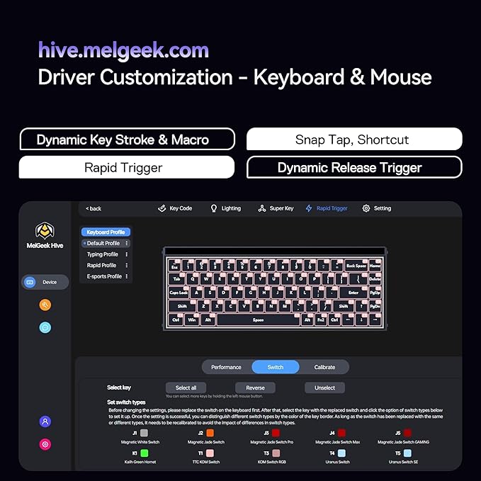 MelGeek MADE68 Pro+ Wired Gaming Keyboard, Magnetic Keyboard with Hall Effect, 65% Compact Rapid Trigger, Hot-Swappable, RGB Snap Tap & Adjustable Actuation, Online HIVE Custom (Purple)