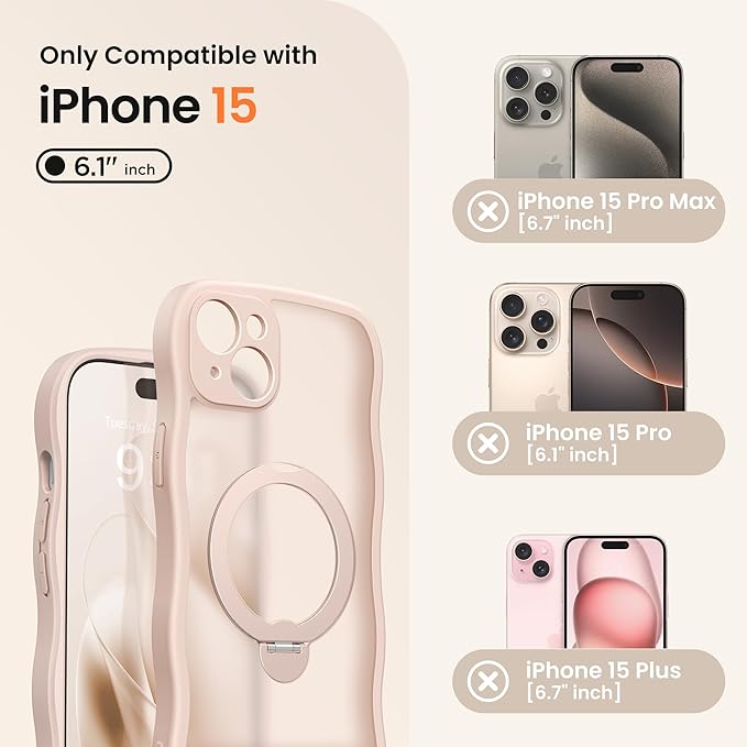CAPRARO for iPhone 15 Case with 360° Spin Magnetic Stand for Women, [Compatible with MagSafe] [Full Camera Protection] Cute Wave Translucent Matte Case for iPhone 15, Rose Gold
