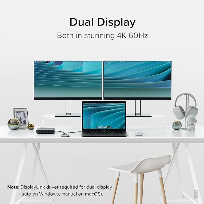 Plugable 7-in-1 USB-C DisplayLink Dock – Dual 4K 60Hz HDMI, USB-C & USB-A (10Gbps), SD Card, Gigabit Ethernet, 100W PD Charging – Compatible with macOS & Windows, MacBook Dual Monitor Support