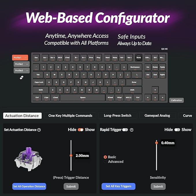 Keychron Q3 HE Wireless Custom Keyboard, 2.4 GHz/Bluetooth/Wired QMK Rapid Trigger 80% TKL Hot-Swappable Programmable RGB Gateron Double-Rail Magnetic Switches Gaming for Mac Windows, Carbon Black