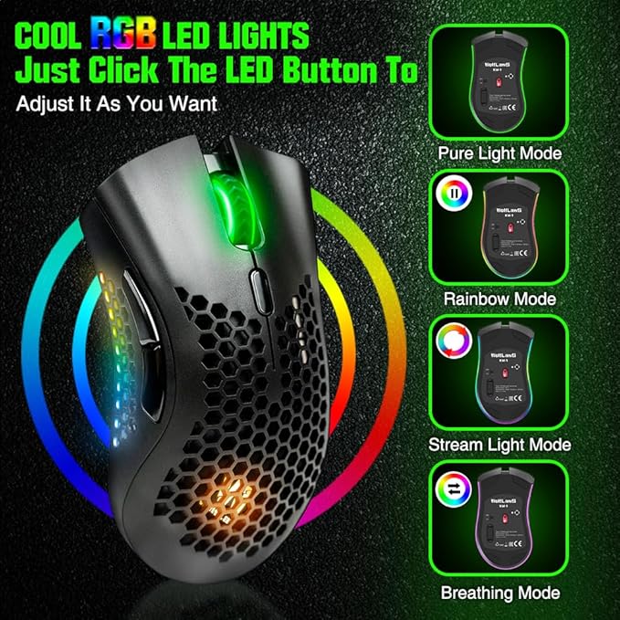 WolfLawS KM-1 Gaming Mouse, Wireless Mouse Gaming Computer Mice USB with Honeycomb Shell, 6 Programmed Buttons, 3 Adjustable DPI, Ergonomic RGB Optical Mouse for PC Mac Laptop