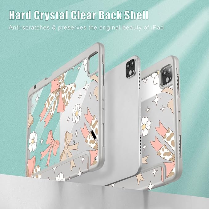 Tuiklol for iPad Pro 12.9 Inch 6th/5th/4th/3rd Generation 2022 2021 2020 2018 Case,Built-in Pencil Holder Clear Transparent Protective Back Shell Cover with Auto Sleep/Wake, Leopard Bow Pink