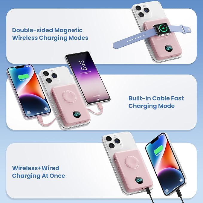 Magnetic Portable Charger for MagSafe with Built-in Cable,iWatch Charger,10800mAh Wireless Power Bank Travel Essentials,25W PD Fast Charging Battery Pack for iPhone 17/16/15/14/13/12,Apple Watch-Pink