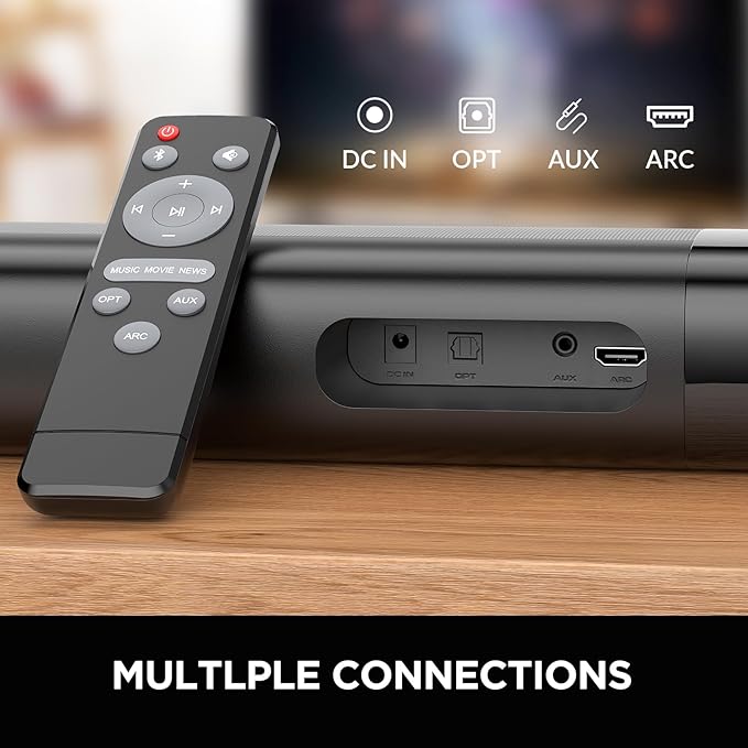 Sound Bar for Smart TV, 80W Soundbar with Bluetooth/ARC/Opt/AUX Connect, Auto Volume Boost, 3 Equalizer Modes, 2 in 1 Detachable Soundbar for TV/PC/Gaming/Projectors
