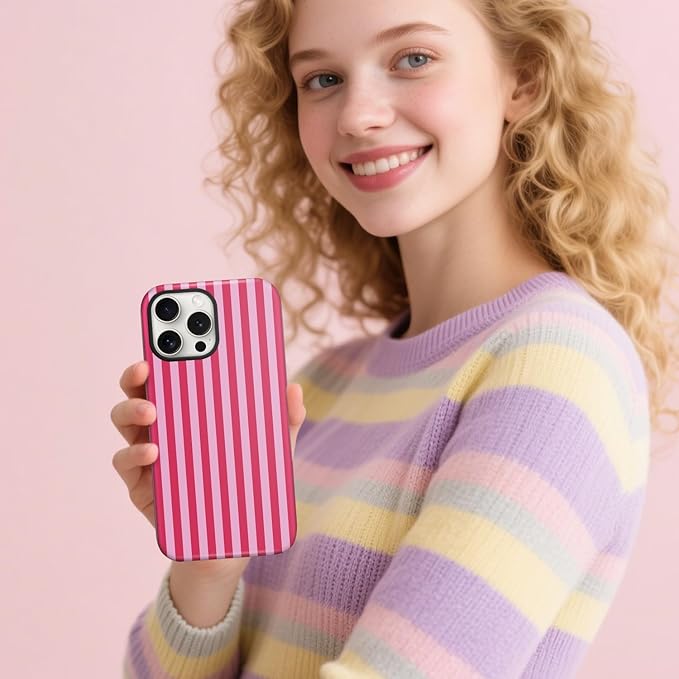 Magnetic for iPhone 15 Plus Case Cute Stripes Phone Case, Shockproof Slim TPU and Hard PC Protective Phone Cover Compatible with MagSafe Designed for Women Girls, Red and Pink