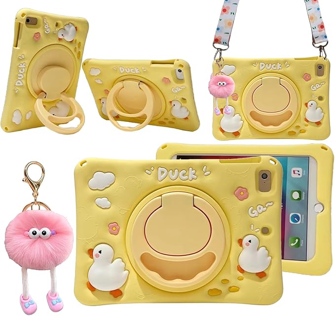 3D Cute Press Duck Case for iPad Air 1st 2nd/iPad Pro 2016/iPad 5th 6th 9.7 inch,Kawaii Cartoon Character Duck Soft Silicone Rotating Stand Case with Lanyard for Kids Teens Girls Women