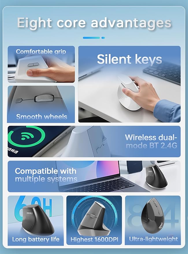 Lomiluskr Ergonomic Wireless Mouse Rechargeable, 2.4G/Bluetooth Dual Mode, Lightweight Soundless Cordless Mice, Compatible with Notebook, PC, Tablet, Smartphone (Black)