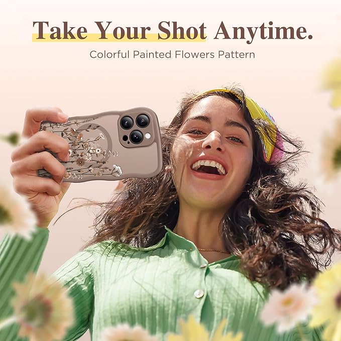GVIEWIN for iPhone 15 Pro Case Compatible with MagSafe [Curly Wave Edge][Full Camera Protection] Floral Translucent Shockproof Magnetic Women Phone Case for iPhone 15 Pro 6.1'', Floratopia/Brown