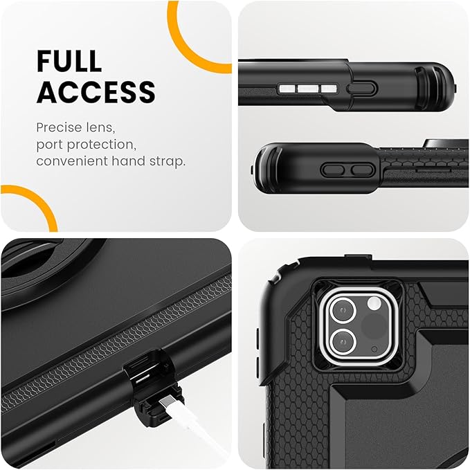 Timecity Protective Case for iPad Pro 12.9 inch 6th/ 5th/ 4th/ 3rd Generation, with Strong Protection, Screen Protector, Hand/Shoulder Strap, Rotating Stand, Pencil Holder - Black
