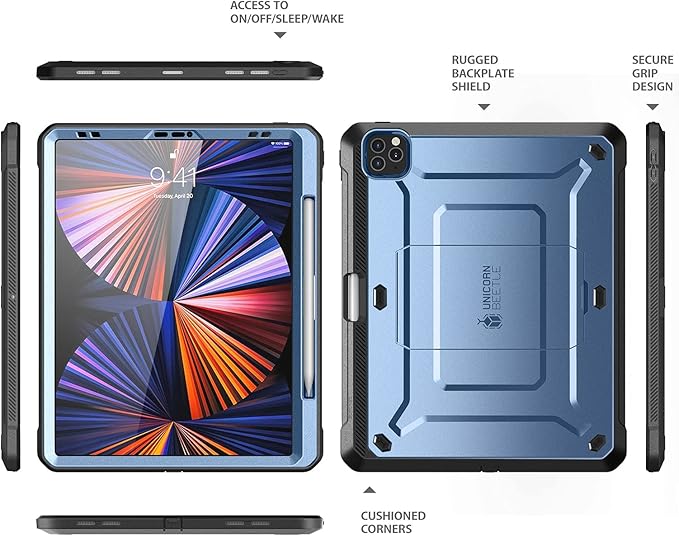 SUPCASE for iPad Pro 12.9 Inch 4th generation 2020 Case with Built-in Screen Protector & Stand(Unicorn Beetle Pro), [Military-Grade Protection] [Apple Pencil Holder] Full-Body Rugged Cover, Blue
