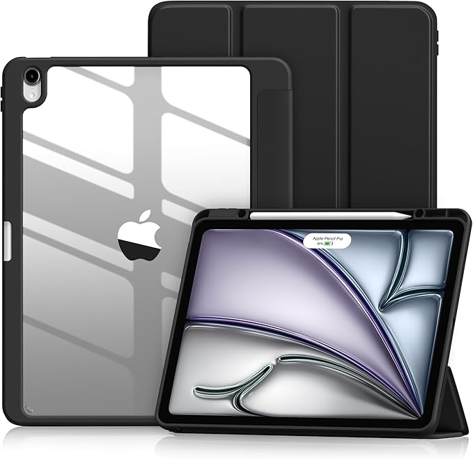 Wenlaty for iPad Air 13 Inch Case M4/M3/M2 (2026/2025/2024) with Pencil Holder, Slim Trifold Stand Protective Cover for iPad Air 13 Case with Clear Transparent Back, Auto Wake/Sleep -Black