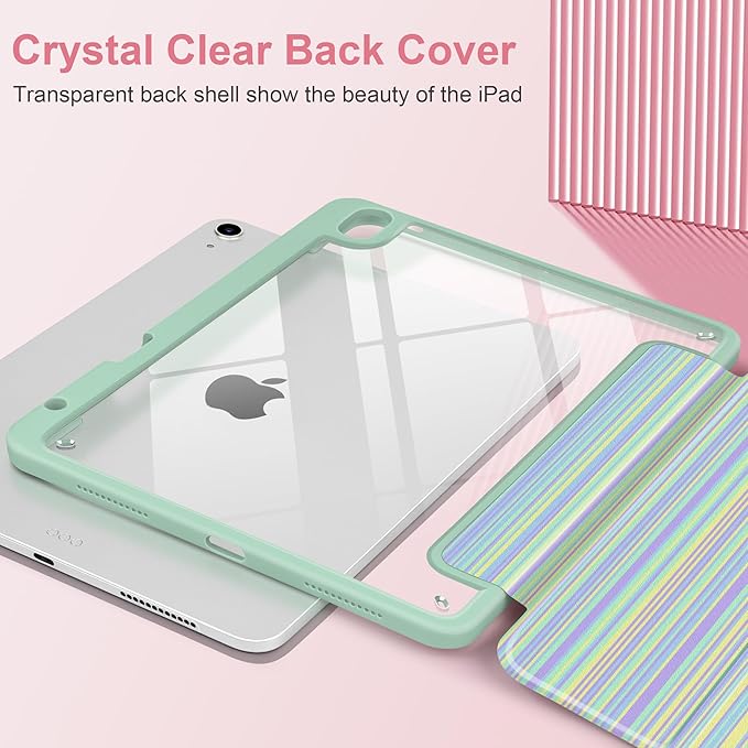 Case for iPad Air 11 inch M4 2026 M3 2025 M2 2024 Release with Pencil Holder - Aesthetic Cute Preppy Design Trifold Cover with Soft TPU Bumper Clear Back Auto Sleep/Wake for Girls, Lines Green