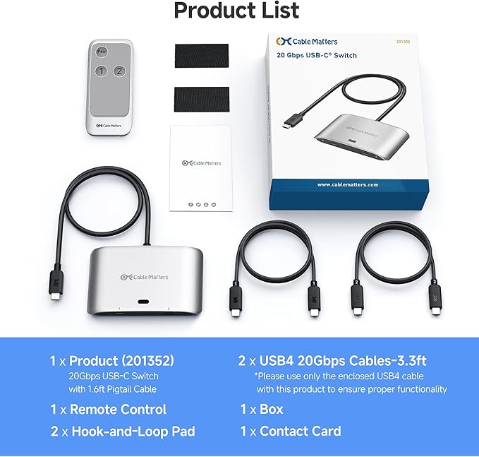 Cable Matters 20Gbps USB C Switch for 2 Computers, 140W PD, Up to 8K@30Hz on Windows, 4K@60Hz on macOS, Sharing One USB-C/Thunderbolt 4 Monitor or Dock (Not for Dock with an Attached Cable)