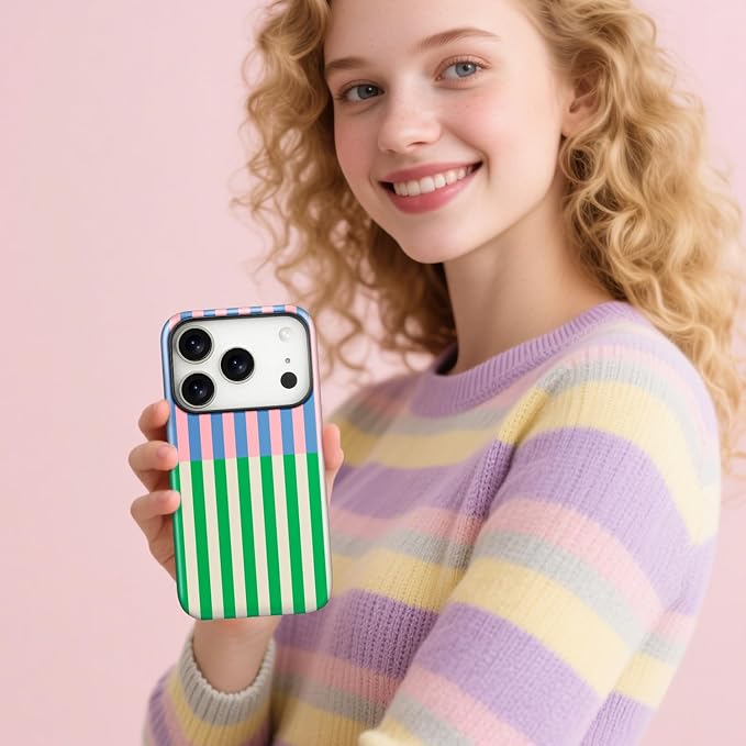 Magnetic for iPhone 16 Plus Case Cute Stripes Phone Case, Shockproof Slim TPU and Hard PC Protective Phone Cover Compatible with MagSafe Designed for Women Girls, Gray