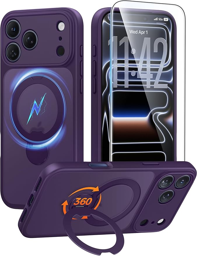 FNTCASE for iPhone 17 Pro-Max Case: [360 Spin Magnetic Stand] [Compatible with Magsafe] [Screen Protector] Translucent Matte Military Grade Shockproof Full Camera Protective Phone Cover - Purple