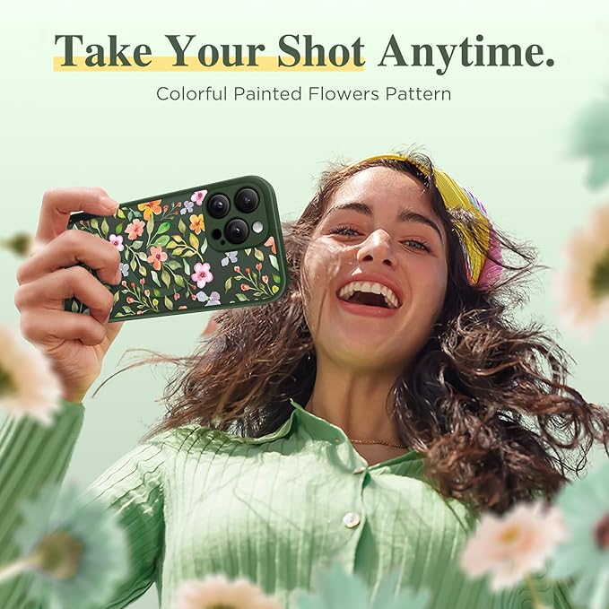 GVIEWIN for iPhone 16 Pro Case Compatible with MagSafe, [Military Grade Protection] [Screen Protector] Full Camera Protection Floral Translucent Women Magnetic Phone Case, Watercolor/Forest Green