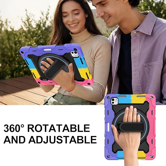 iPad Pro 11 Inch Case M5 2025/M4 2024, Heavy Duty Shockproof Protective Case with Screen Protector, 360° Rotating Stand Hand Strap Shoulder Strap Kids Cover Apple Pencil Holder