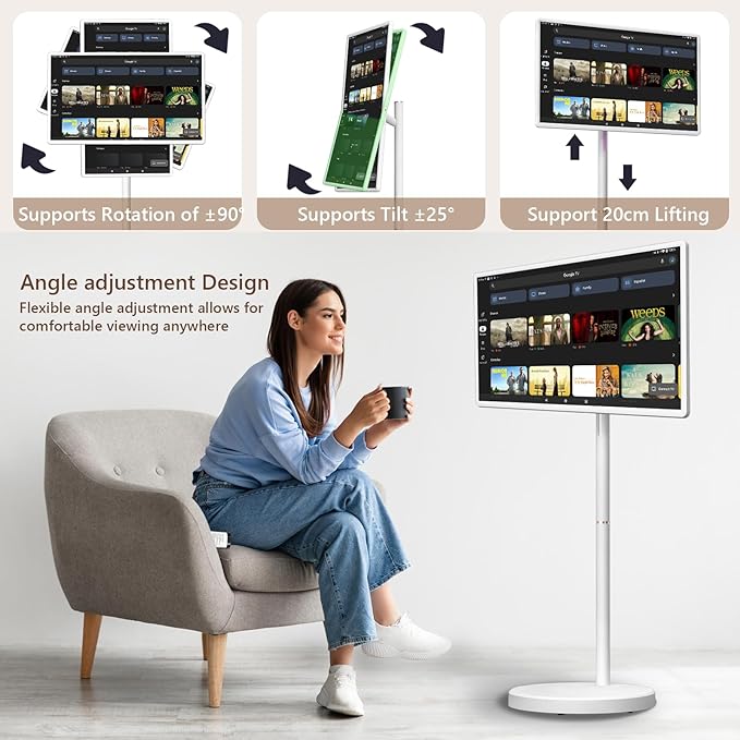 OFD 32" FHD Smart Portable TV on Wheels,Rolling TV Stand Tablet Android15 OS,6+128GB Storage,Built-in 9600mAh Battery,8MP Webcam,Speaker,Portable Smart TV Touchscreen with Remote,EDLA,Fully Rotatable