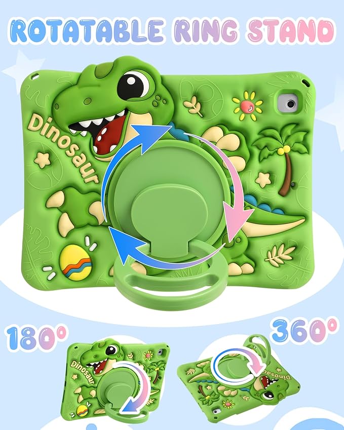 Boaretiu for iPad 6th/5th Gen Case, for iPad Air 2nd/Air 1st/Pro 9.7 inch 2016 Case - Cute Cartoon Silicone Cover with Adjustable Shoulder Strap & Rotating Stand for Kids Boys Girls, Green Dinosaur