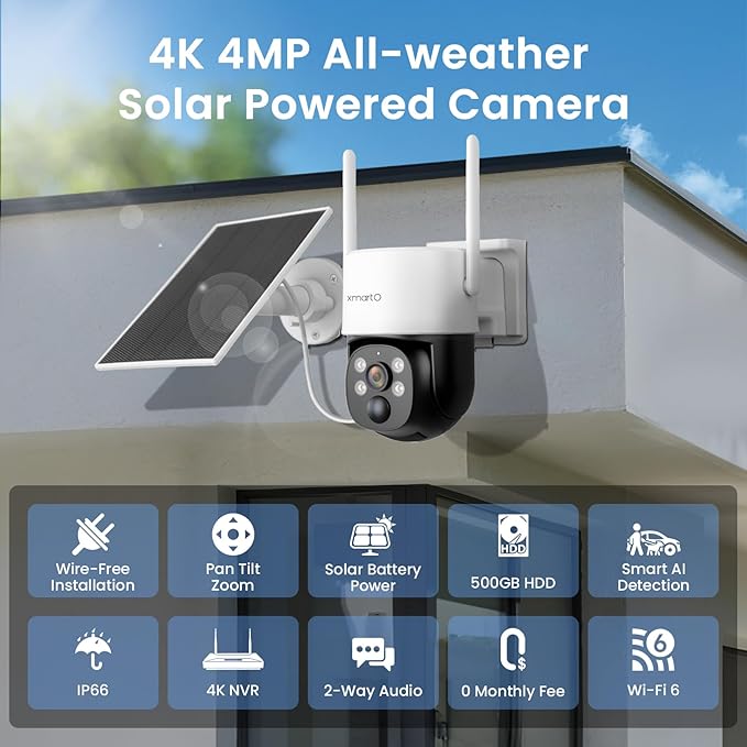 xmartO Solar Camera Outdoor Wireless, 4 PCs QHD 4MP Wireless PTZ Security Camera System with 4K 10CH Expandable WiFi NVR, All-Weather Solar Charge, Two-Way Audio, PIR Sensor, No Monthly Fee, 500GB