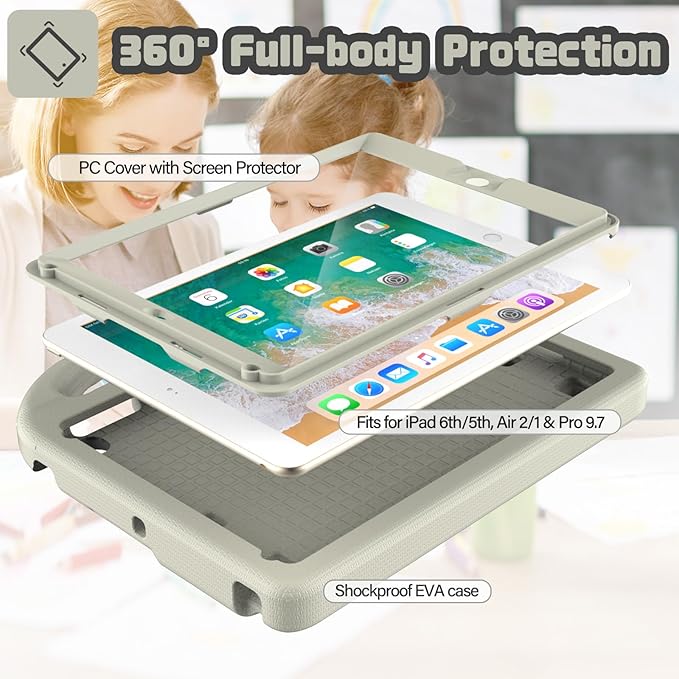 YIHE Shockproof Kids Case for iPad 6th/5th Generation (9.7 inch, 2018/2017), iPad Air 2/1 & Pro 9.7 | Durable Protective Cover with Built-in Screen Protector & Stable Stand, Light Gray