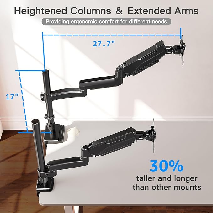 Long Arm Monitor Mount, 13 to 32 inch Computer Desk Mount, Extra Long Adjustable Stand, Hold up to 19.8lbs, Tall Arm with Tilt, Swivel, Rotation, VESA 75/100mm