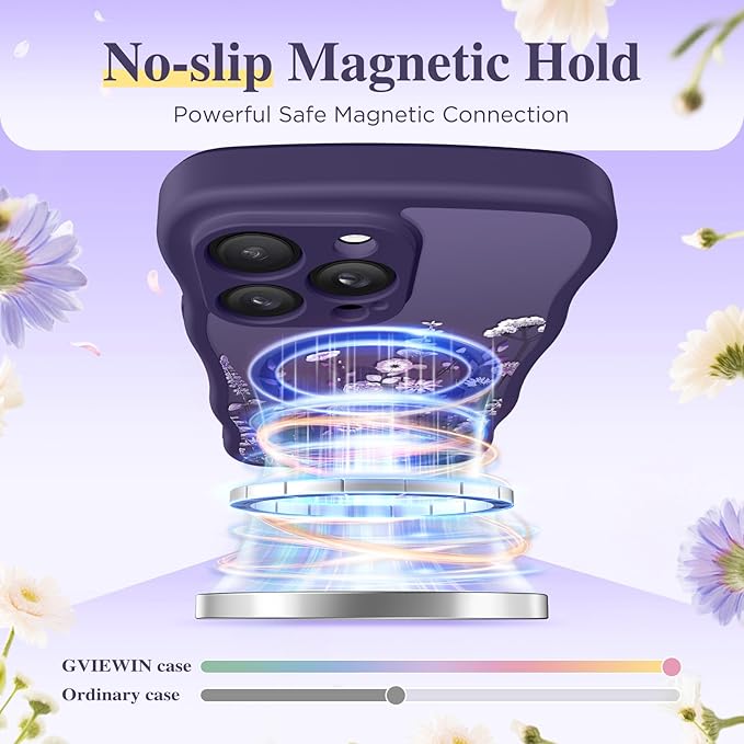 GVIEWIN for iPhone 14 Pro Max Case Compatible with MagSafe [Curly Wave Edge][Full Camera Protection] Floral Translucent Shockproof Magnetic Women Phone Case for 14 Pro Max, Floratopia/Deep Purple
