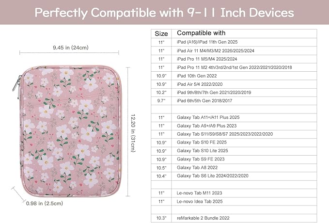 Dadanism 9-11" Tablet Sleeve Bag Carrying Case for iPad (A16) 11th Gen 11", iPad 10th Gen 10.9" Air 5/4, iPad Air M4/Pro 11", iPad 9/8/7th, Galaxy Tab A11+ Plus 11", Remarkable 2 10.3", Pink Flowers
