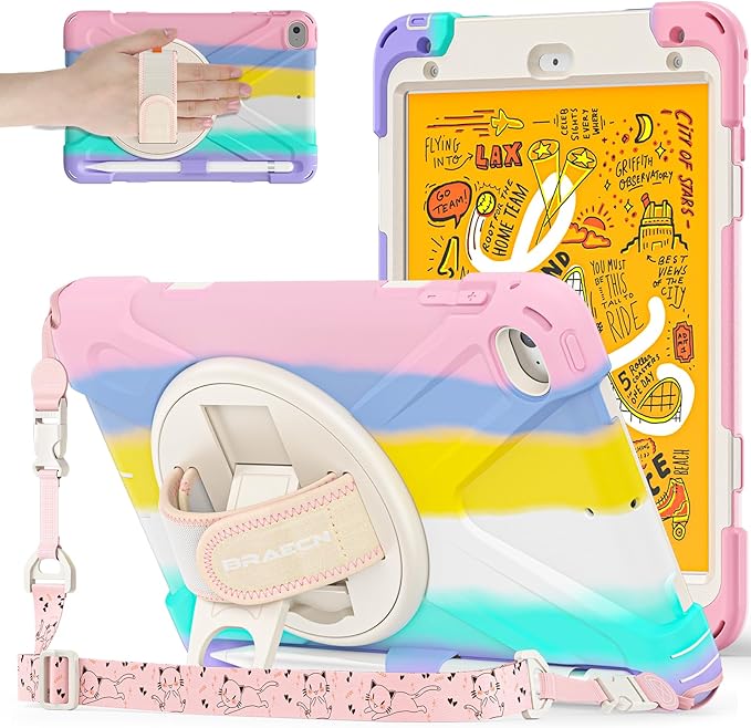 BRAECNstock Kids Case for Apple iPad mini 5/4 7.9" 2019/2015, Shockproof Protective with Pencil Holder, Rotating Hand Strap & Stand, Shoulder Strap, Case for iPad mini 5th/4th Gen, Colorful Pink