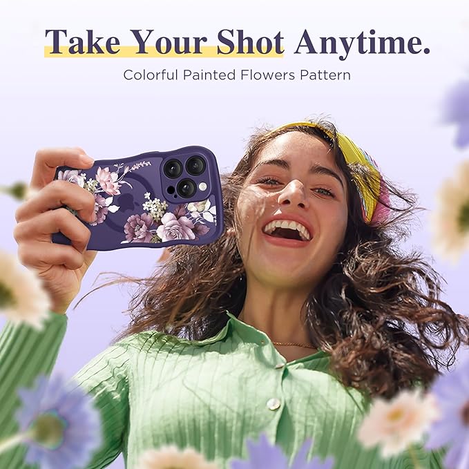 GVIEWIN for iPhone 14 Pro Case Compatible with MagSafe [Curly Wave Edge][Full Camera Protection] Floral Translucent Shockproof Magnetic Women Phone Case for 14 Pro, Cherry Blossoms/Deep Purple