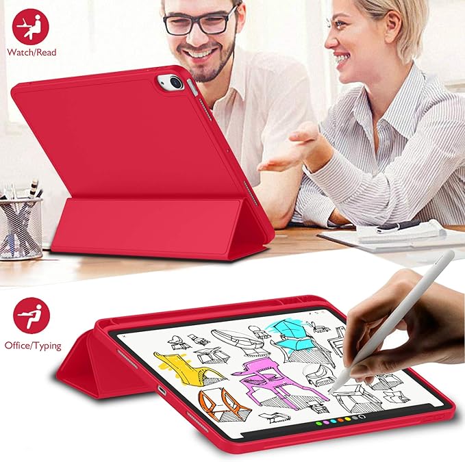 iMieet iPad Air 11 Inch Case M4/M3/M2(2026/2025/2024), iPad Air 5th/4th Generation Case 2022/2020 10.9 Inch with Pencil Holder,Trifold Stand Smart Case with Soft TPU Back(Red)