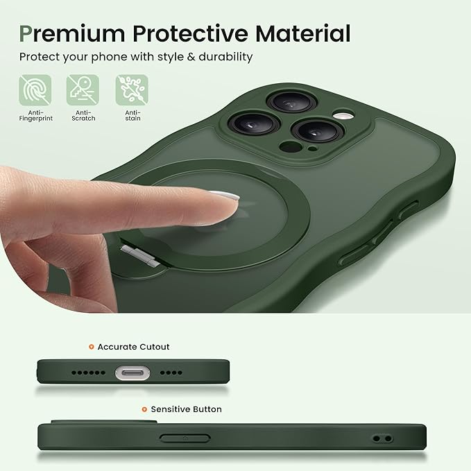 CAPRARO for iPhone 14 Pro Case with 360° Spin Magnetic Stand for Women, [Compatible with MagSafe] [Full Camera Protection] Cute Wave Translucent Matte Case for iPhone 14 Pro,Dark Green