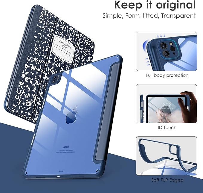 VIKESI for iPad Pro 11 Inch 4th/3rd/2nd/1st Generation Case, iPad Air 11-inch / 5th / 4th Generation Case with Clear Back,Pencil Holder,Auto Sleep/Wake,Camera Protection,Blue Book