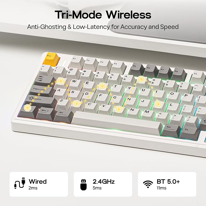 EPOMAKER TH80 V2 75% Wireless Mechanical Keyboard with Metal Knob, 8000mAh, 2.4Ghz/BT/USB-C, RGB, Hot Swap, Custom Driver, PBT Keycap, Wireless Gaming Keyboard for PC/Mac (White, Sea Salt Silent)