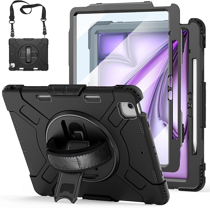 Case for iPad Air 13 Inch M4/M3/M2 (2026/2025/2024): Silicone Shockproof Case with Screen Protector - Stand - Handle - Shoulder Strap - Pen Holder- Black