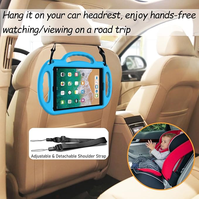 LTROP Kids Case for iPad 5th/6th Generation (9.7 Inch, 2017/2018), Air 1 & Air 2 & Pro 9.7" Case with Shoulder Strap Handle Stand, Blue