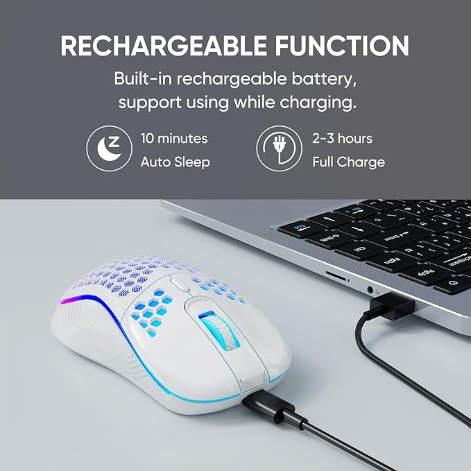 MELOGAGA Wireless Gaming Mouse Honeycomb 2.4G USB Cordless Mouse RGB Rechargeable PC Game Mice with 7-Color LED Lights，4 Adjustable DPI for Windows Laptop Desktop Computers -White