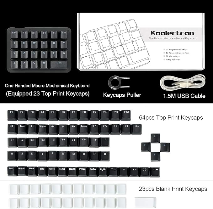 Koolertron One Handed Macro Mechanical Keyboard, RGB LED Backlit Portable Mini One-Handed Mechanical Gaming Keypad 23 Fully Programmable Keys Blue Switches