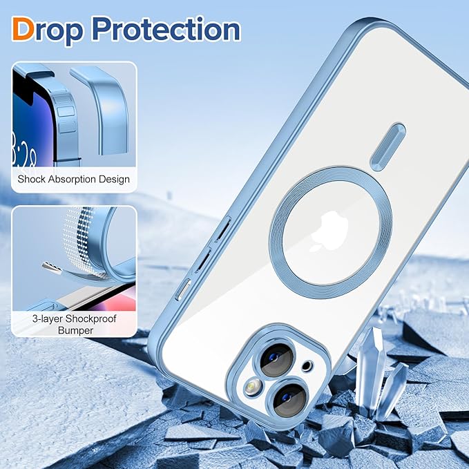 Hython Magnetic Clear for iPhone 14 Case with Camera Lens Protector [Compatible with MagSafe] Luxury Plating Edge Slim Soft TPU Cover Protective Phone Case for iPhone 14 6.1", Matte Light Blue