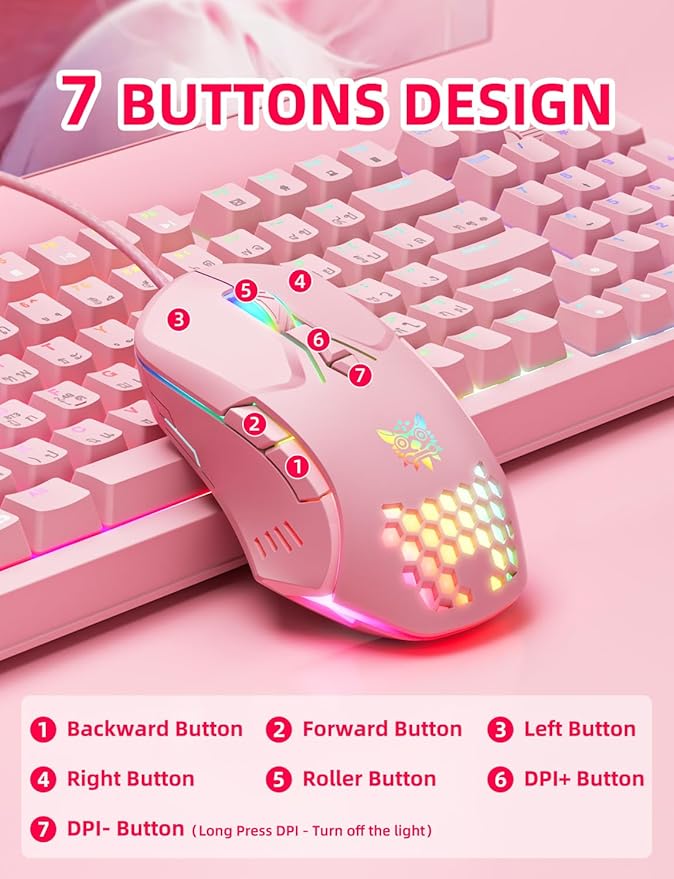 Wired PC Gaming Mouse: High Precision Sensor,RGB Backlit, Adjustable DPI, 7 Buttons Programmable,Ergonomic mice for Office & Gaming on Windows/Mac/Linux/Chrome- Pink