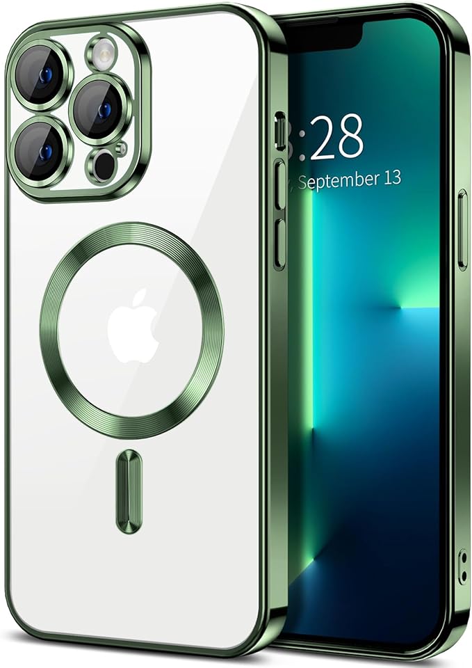 Hython Magnetic Clear for iPhone 13 Pro Case with Camera Lens Protector [Compatible with MagSafe] Luxury Plating Edge Slim Soft TPU Cover Protective Phone Case for iPhone 13 Pro 6.1", Deep Green